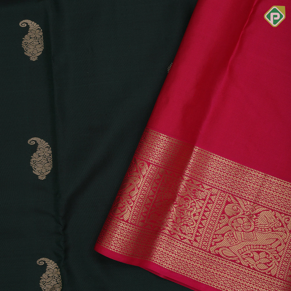 Bottle Green Gold Zari Manga Butta Design Rani Pink Mayilkan Horse Border Design Traditional Silk Saree