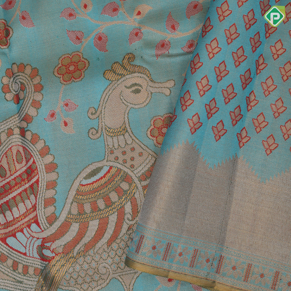Milk white gold zari colorful big peacock zari by zari weaved self gold zari turning border signature edition silk saree