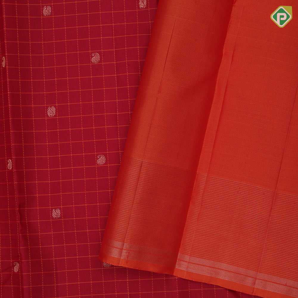 Rani red copper zari butta orange thread checks contrast orange zari vairaoosi plain border traditional silk saree
