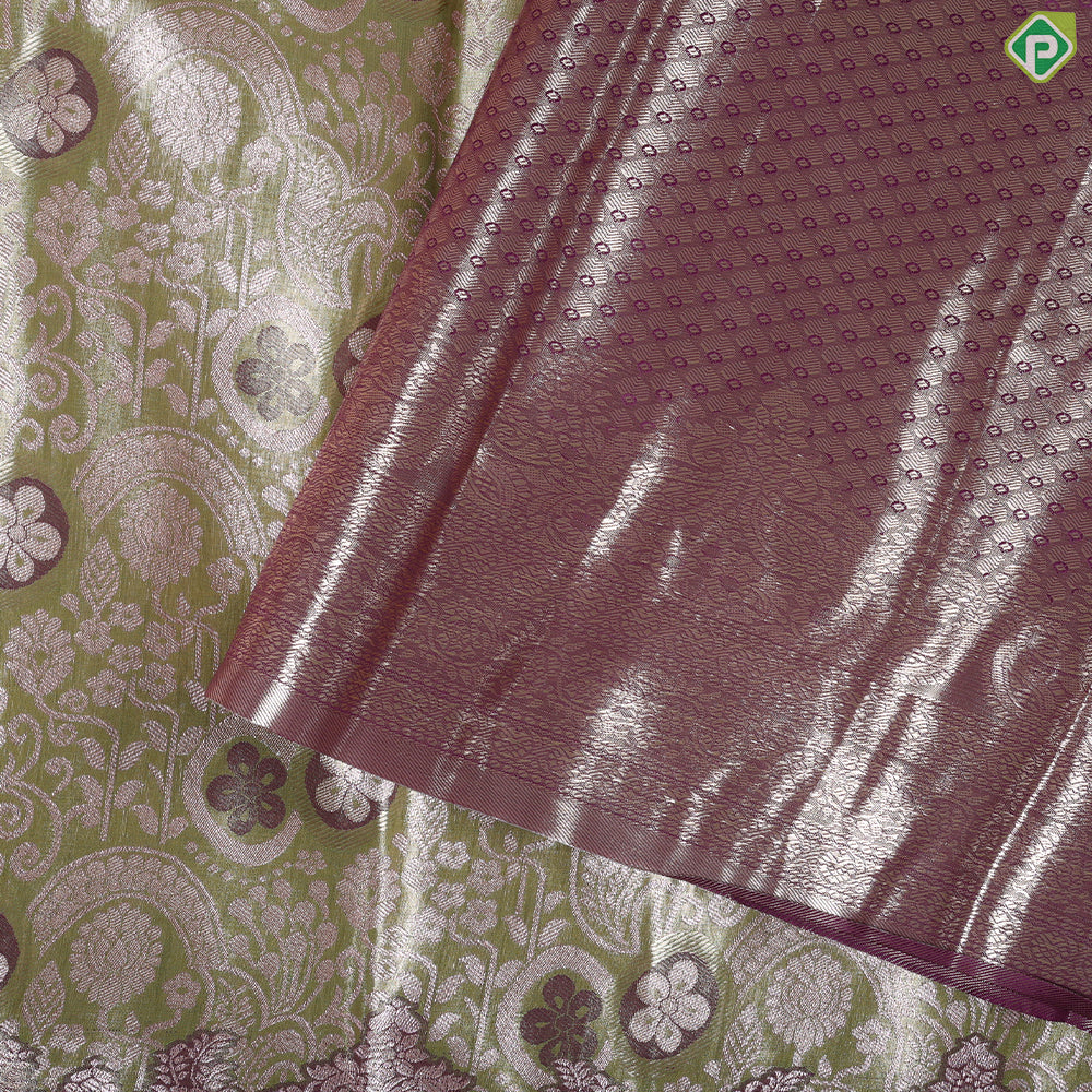 Lemon green Neem zari floral design purple neem zari turning border tissue art silk saree