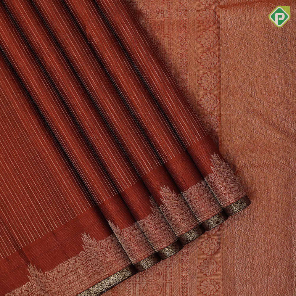 Rust orange gold zari vairaoosi stripes design self gold zari temple rack design edge border gift silk saree