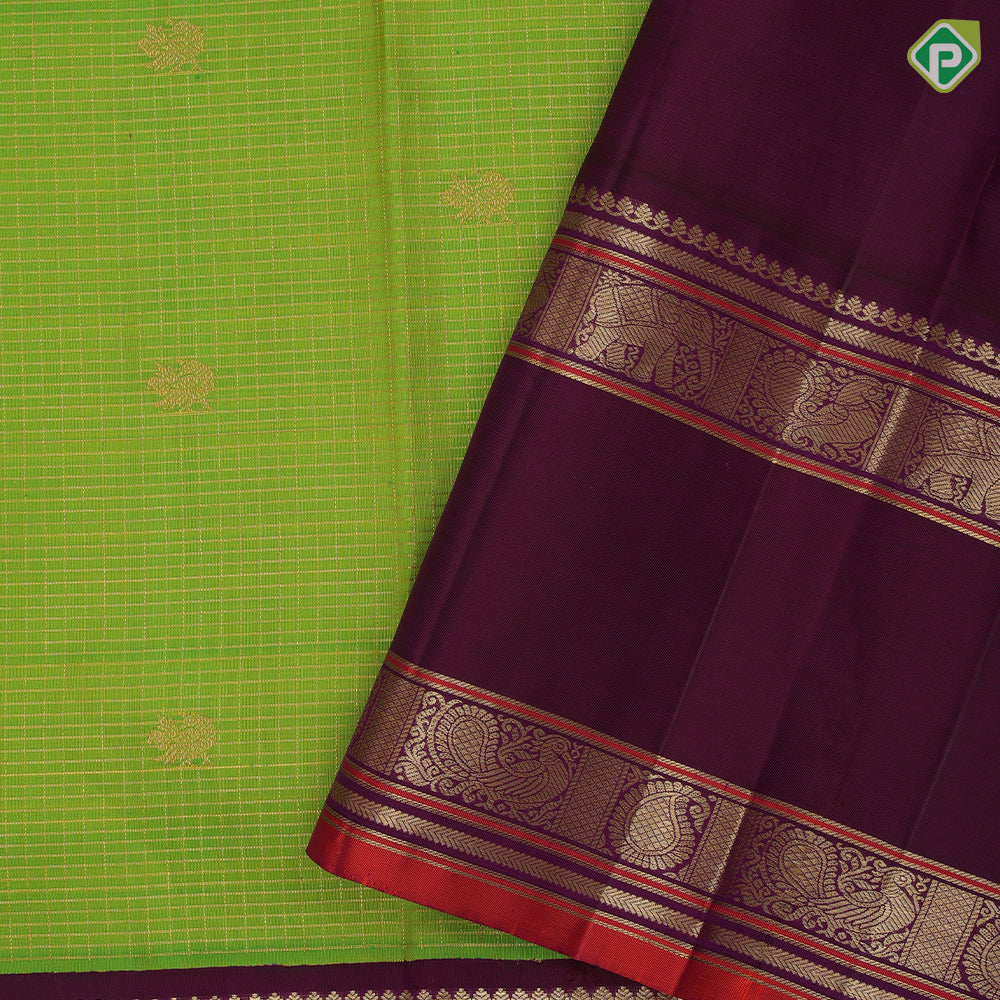 parrot green gold zari  peacock checks design  purple colour vairaoosi peacock and mango border design traditional silk saree