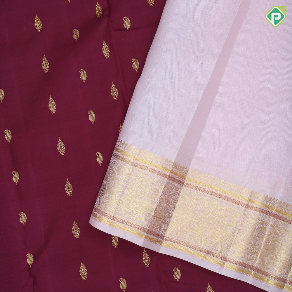 Beetroot Red Gold Zari Mango Small Motif  Misty Rose Elephant Peacock Border Design Traditional Silk Saree