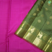 Dark Pink Body Plain With Olive Green Gold Zari YALI And Chakram Design Border Traditional Silk Saree