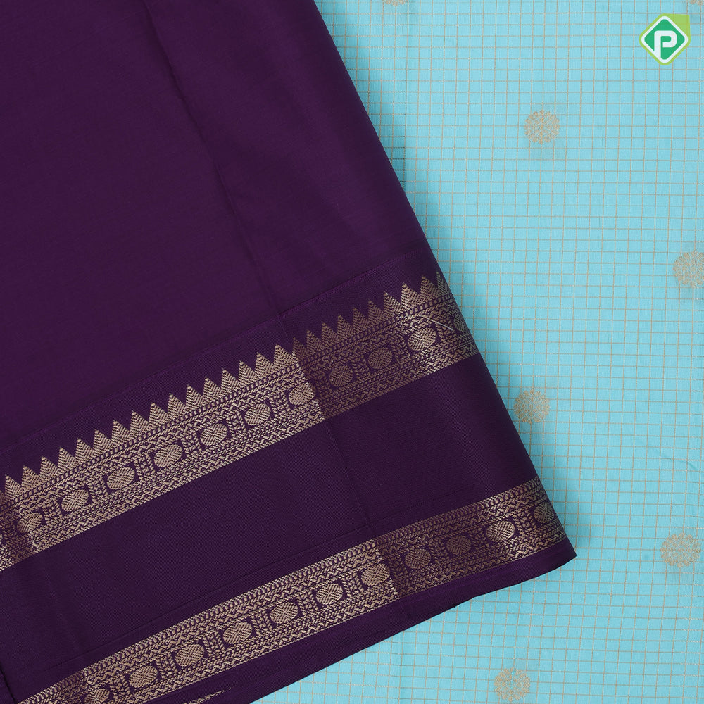 Sea blue gold zari vairaoosi checked kataam rudraksham butta purple gold zari retta pattai border art silk saree