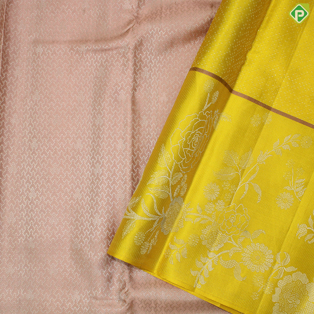 Peach Pink Silver Zari With Yellow Color Fancy Trendy  Silk Saree