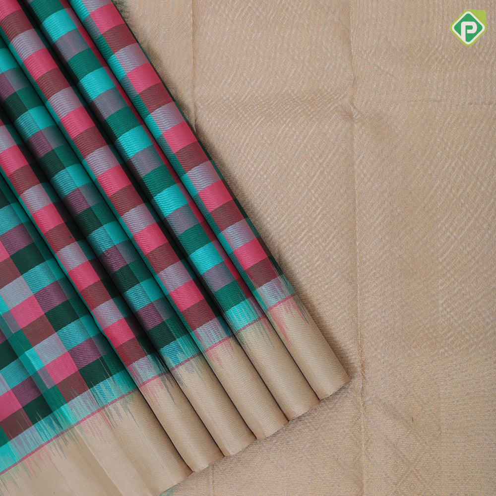 trending multi color checks design beige plain border gift silk saree