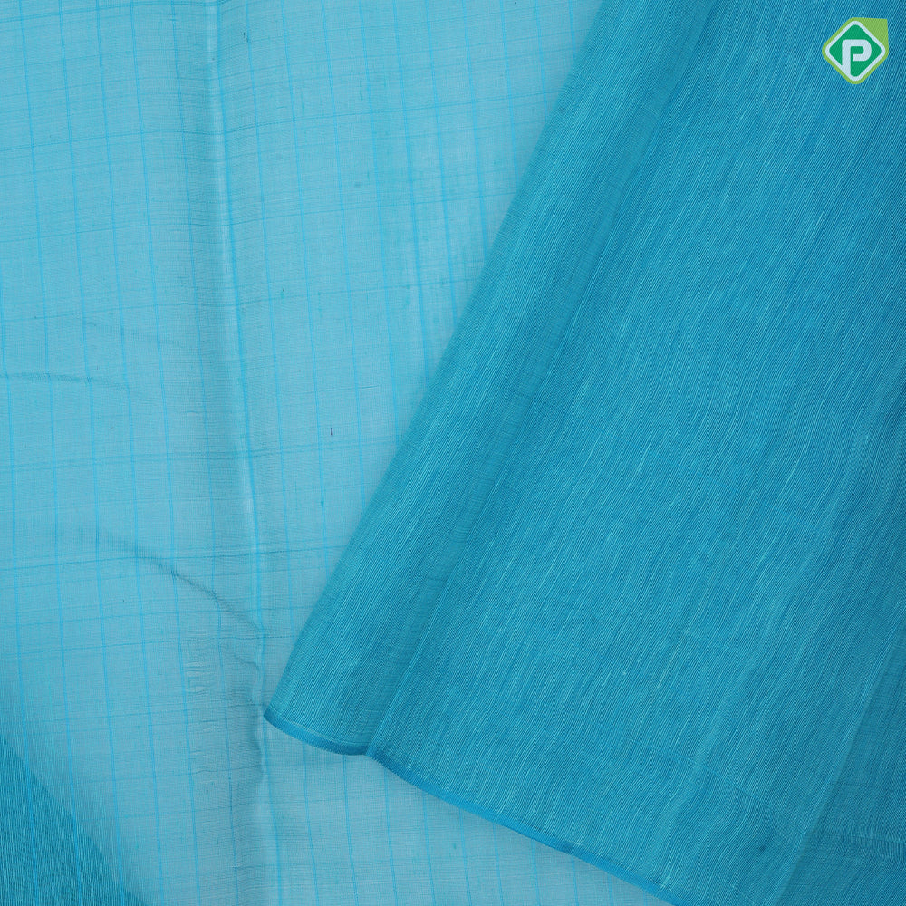 Electric blue with thread stripes design self multi color boxes border linen kora silk saree