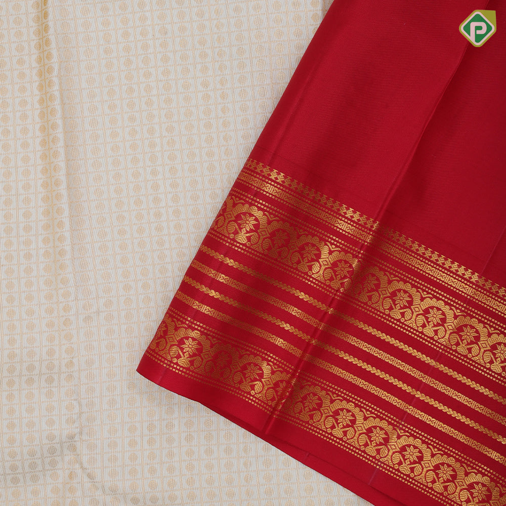 Half White gold zari kattam and thousand butta motifs contrast red gold zari lines temple border tradtional silk saree