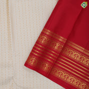 Half White gold zari kattam and thousand butta motifs contrast red gold zari lines temple border tradtional silk saree