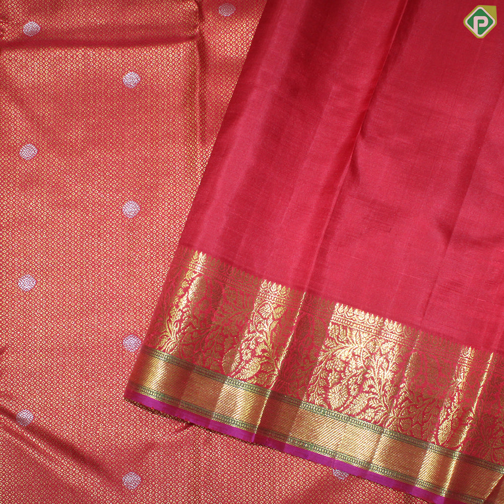 Rani Red With Gold Zari Small Circles and Silver Rudhraksham Self Colour Border Exclusive Bridal Silk Saree