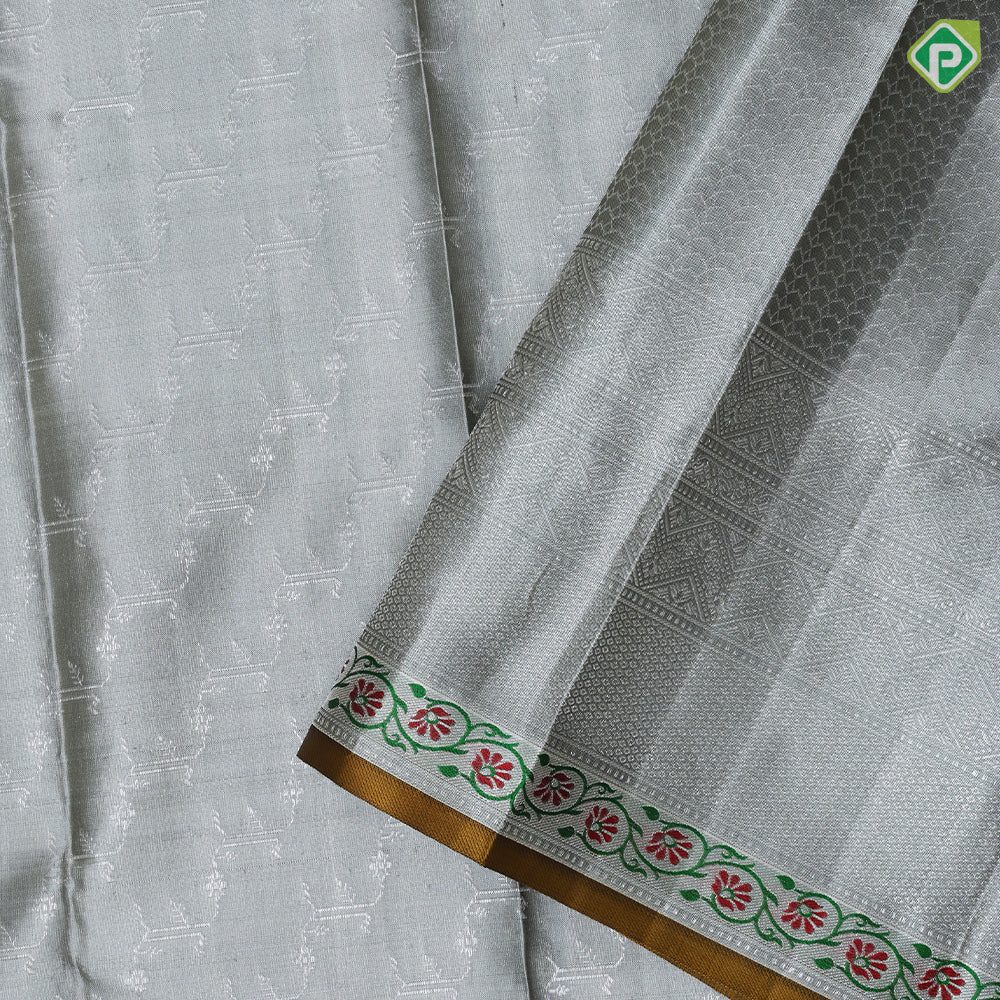 Silver grey silver zari fancy cross design self meena work edge border bridal silk saree