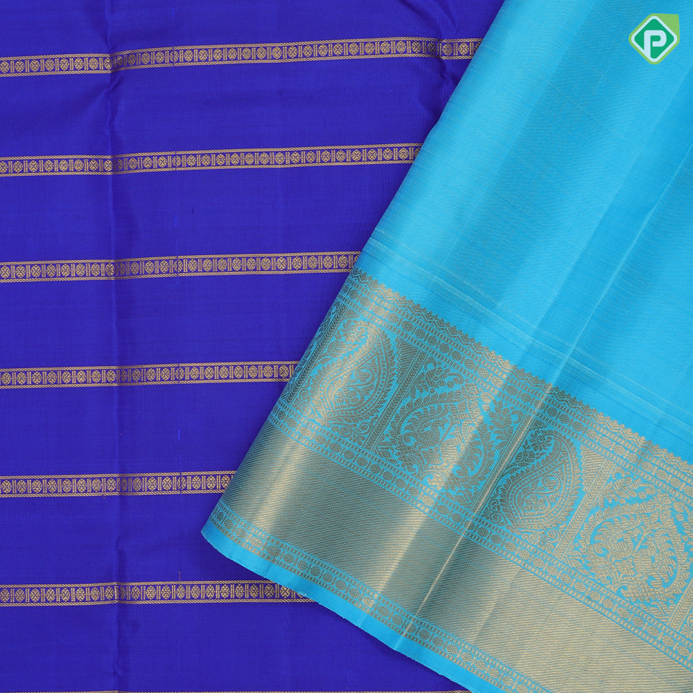 Royal Blue Gold Zari Ruthracham Line Design Aqua Blue Peacock Manga Bavanji Border Design Traditional Silk Saree