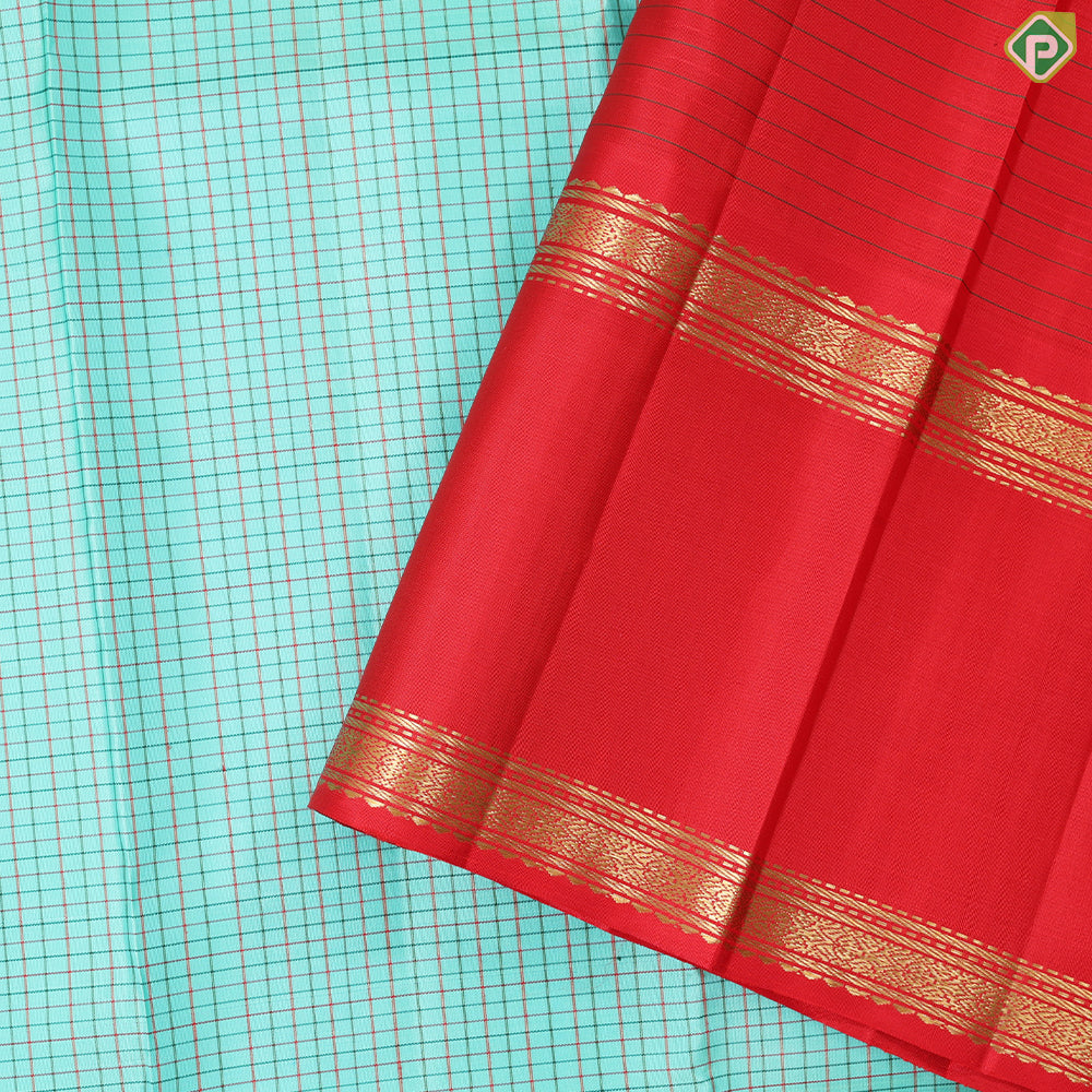 Tea Green with Multi color checkered contrast red rettapet border traditional silk saree