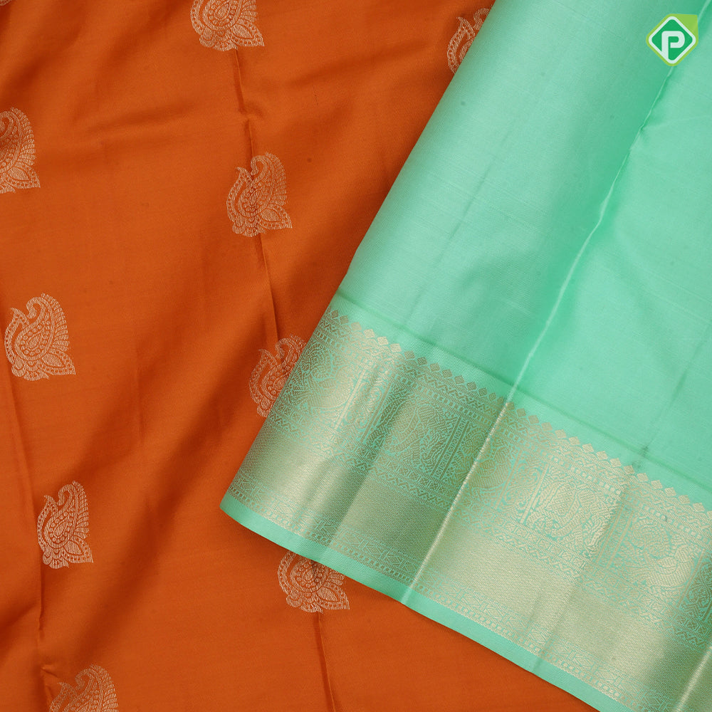 Honey orange gold zari fancy mango butta rexona green gold zari border traditional silk saree