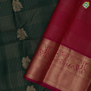 Bottle green gold zari checks flower motif design dark pink peacock elephant border design traditional silk saree