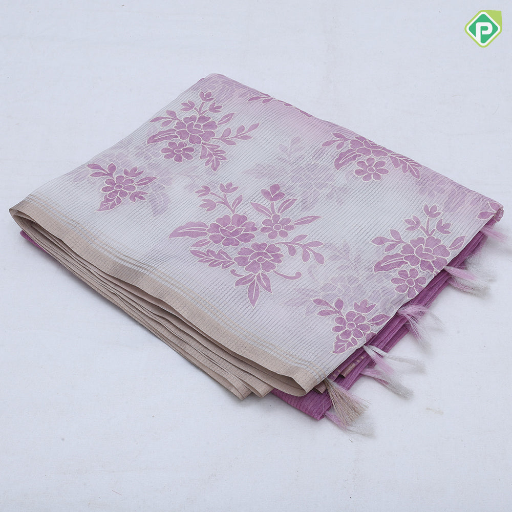 White base pastel color flower design gold zari edge border fancy cotton saree