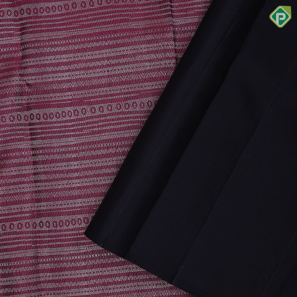 Deep Pink Gold Zari Velthari Lines Brocade Design Dark Navy Blur Flower Bride Border Design Trendy Silk Saree