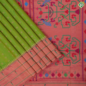 parrot green gold zari flower butta design pink paithani work border and pallu banaras silk saree