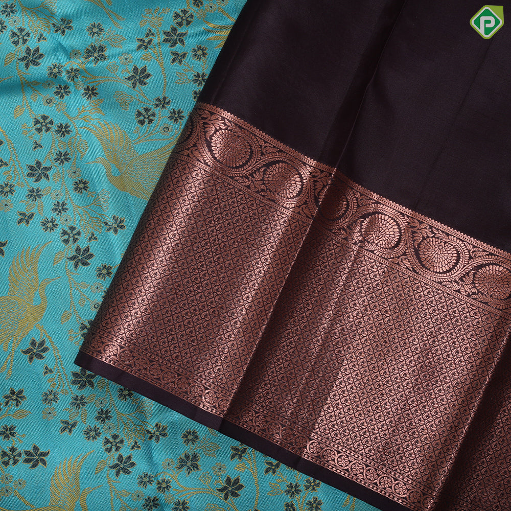 Rama Blue Mustard yellow meena work design brown copper zari thilagam border trendy silk saree