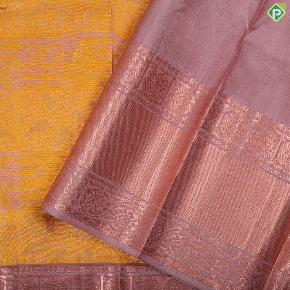 cyber yellow thread work embossed design onion pink copper zari border trendy silk saree