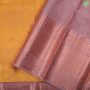 cyber yellow thread work embossed design onion pink copper zari border trendy silk saree