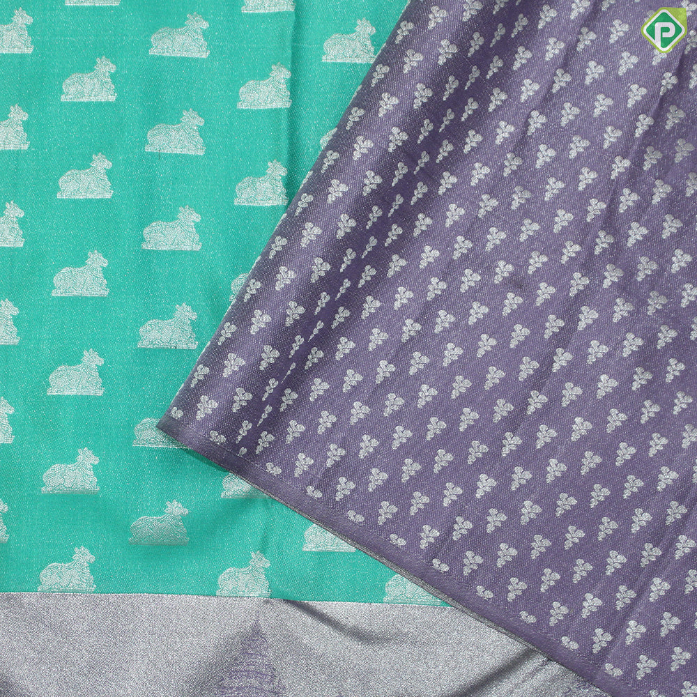 Rexsona Green Nandi Motif Silver Zari With Lavender Border Traditional Silk Saree