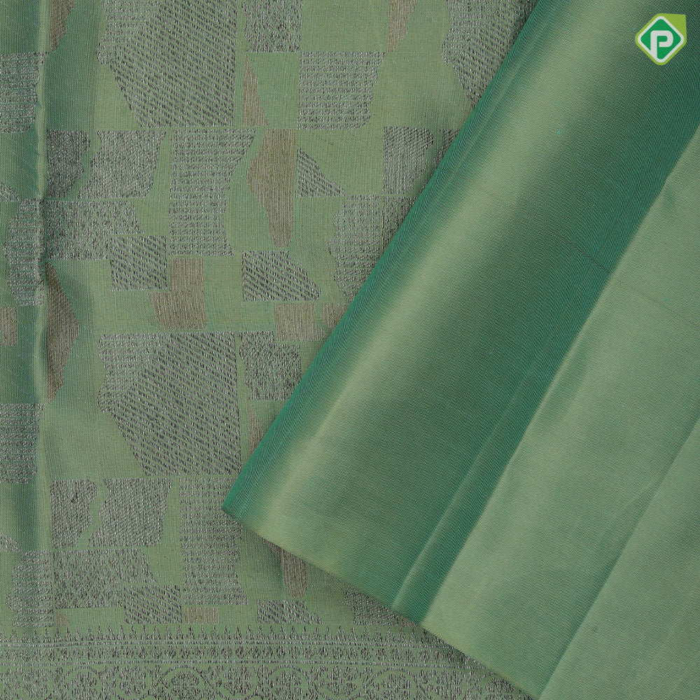 Mose green with neem zari geometrical shapes design self colour rangoli border self weaved silk saree