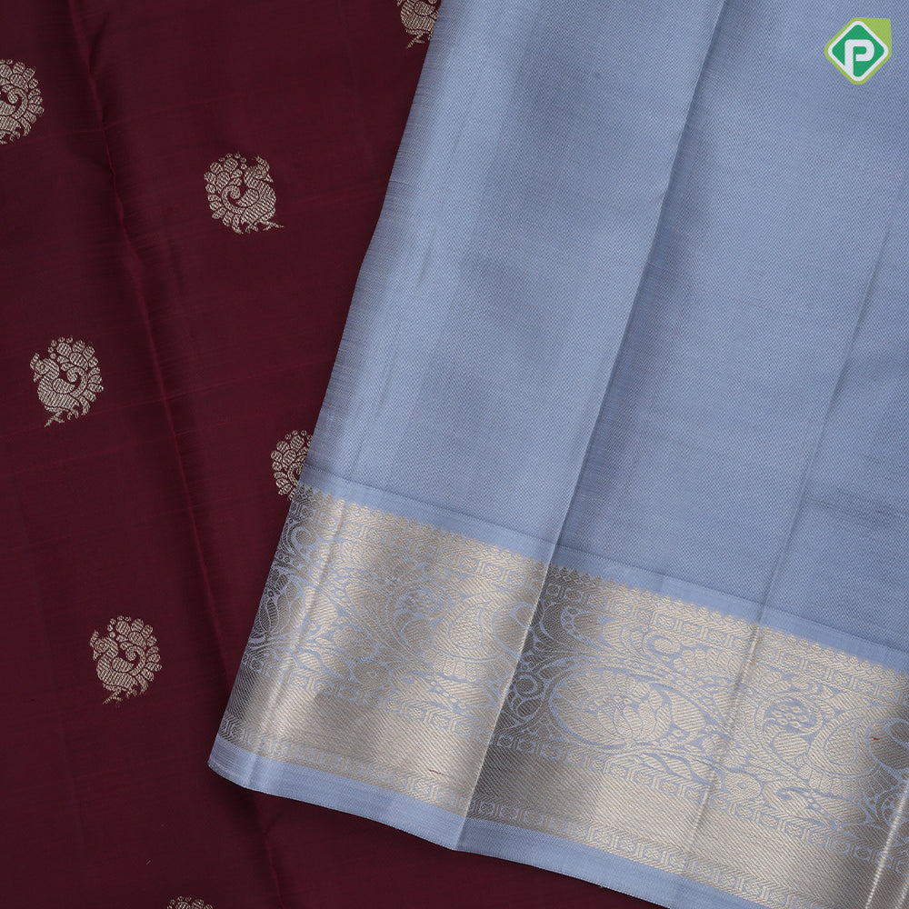 Syrup brown gold zari peacock butta design blueish grey gold zari rangoli border traditional silk saree