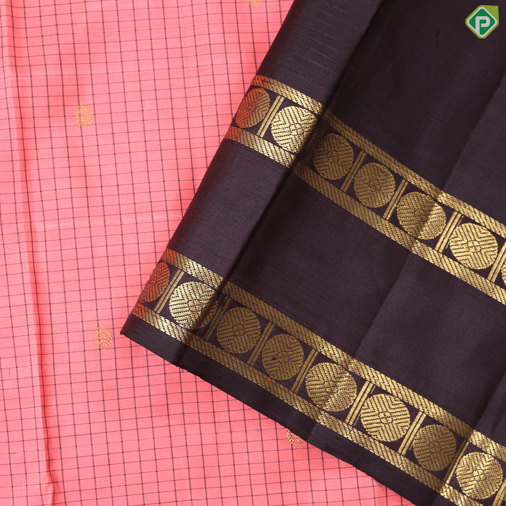 peach orange with brown checks gold zari rudraksham butta contrast rettapet border retro traditional silk saree