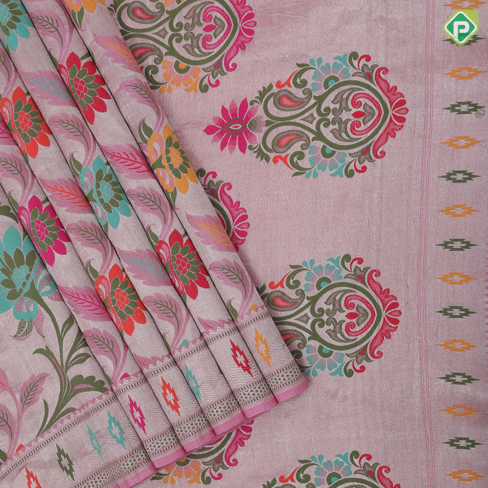 Pewter pink multi color meena work banaras design self designed border tusser tissue saree