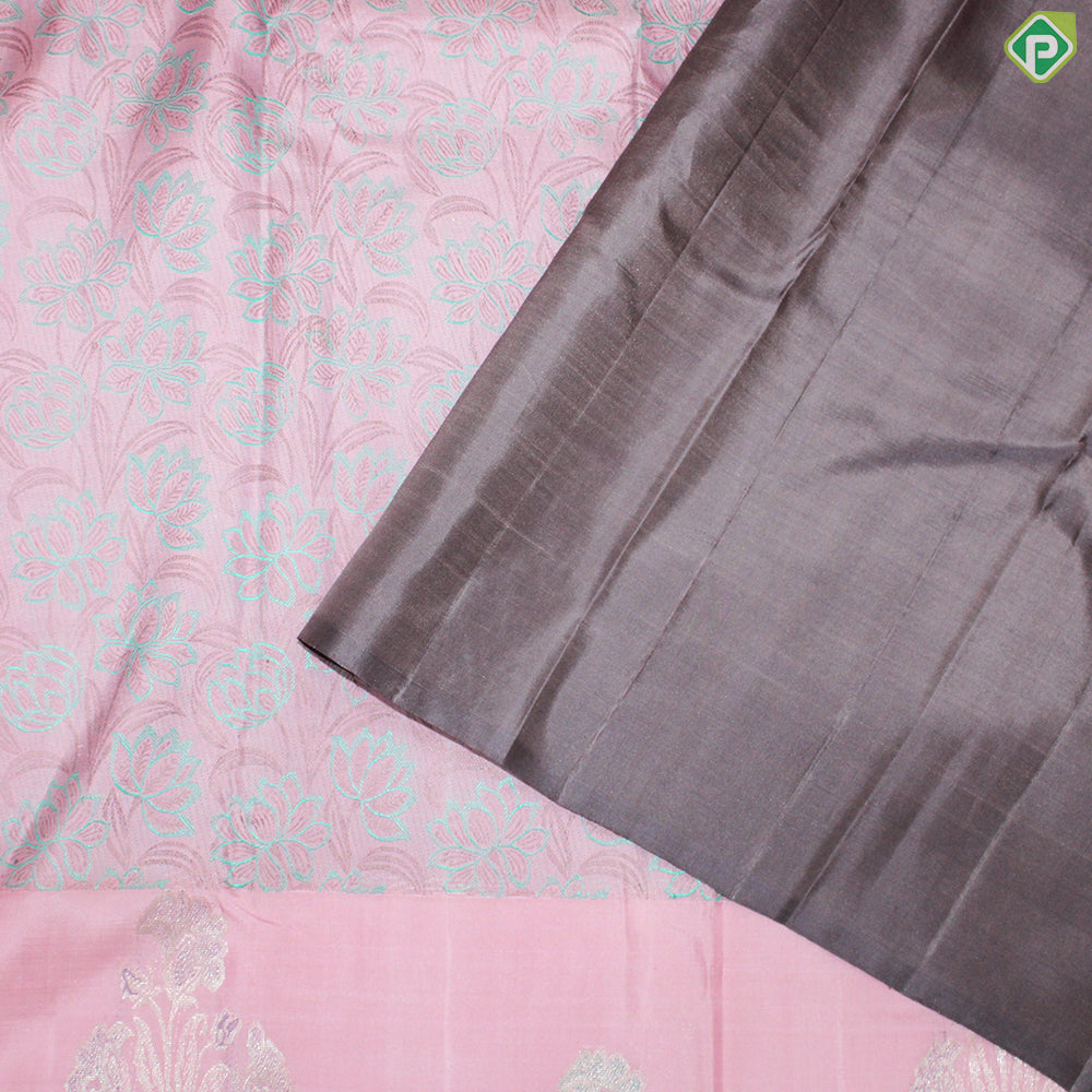 Baby Pink Thread Work With Self Color Silver Zari Flower Border Fancy Trendy Silk Saree