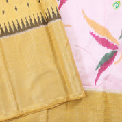 Cream white multicolor flying twitter ikkat design Mustard yellow gold zari multi lines border ikkat silk saree