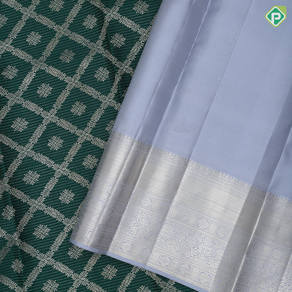 Dark Green Silver Zari Vairaoosi Flower Butta Fog Gray Colour Floral Border Design Traditional Silk Saree