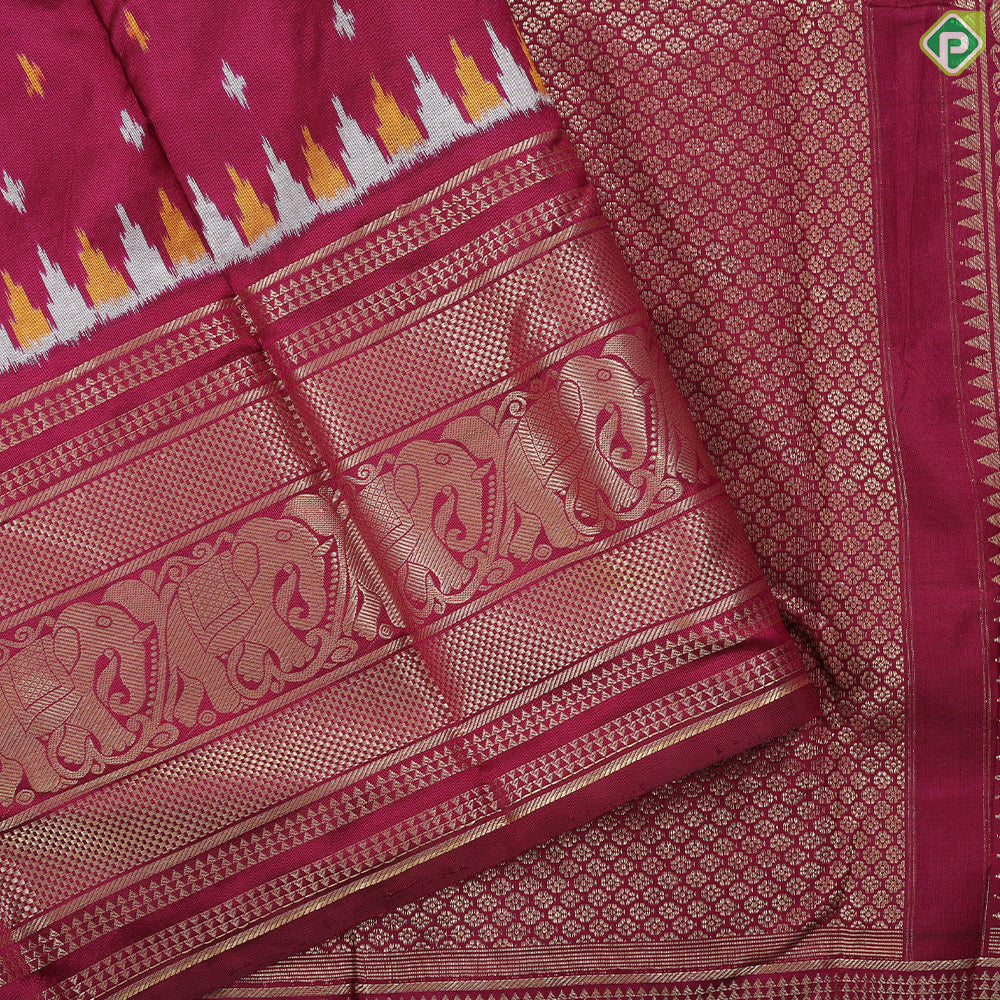 Rani pink gold zari mango and stripes ikkat design self gold zari peacock butta border ikkat silk saree