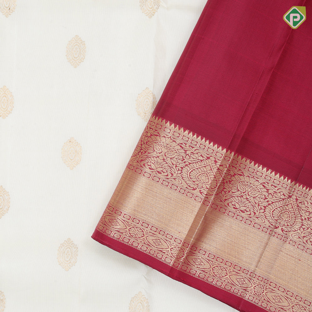 Milk White gold zari fancy round butta design maroon gold zari mid bavanji border traditional silk saree