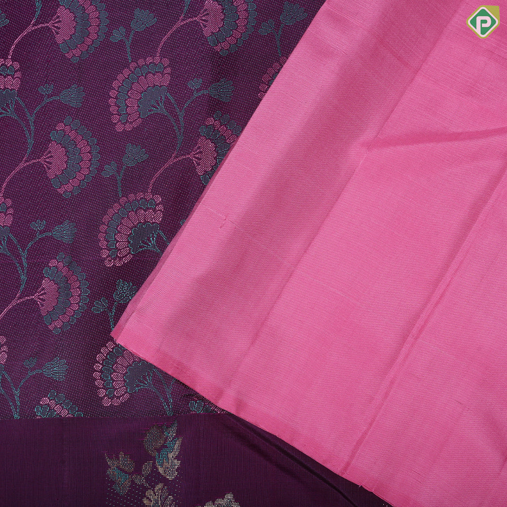 Purple multi color floral embossed design self multi color zari fancy butta border trendy silk saree