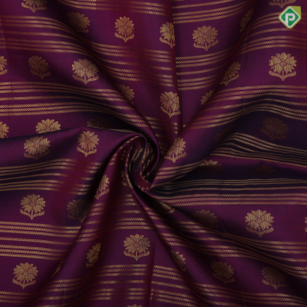 Purple gold zari lines and flower butta lines orange gold zari border pattu paavadai lehanka