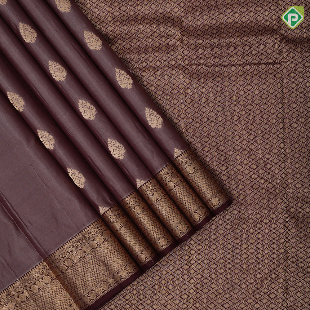 Taupe Gold Zari Thilagam Butta Design Coffee Brown Peacock Chagara Border Design Traditional Silk Saree