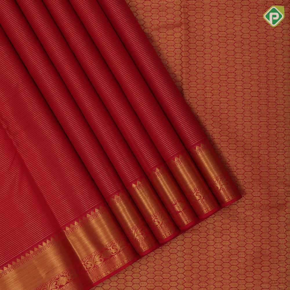 Red Gold Zari Vairaoosi Lines Self Colour Ruthracham Floral Border Design Traditional Silk Saree