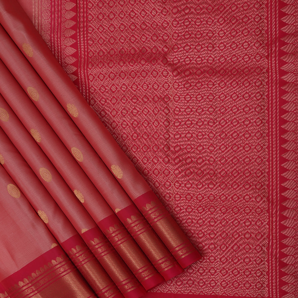 Peach Colour Gold Zari Small Butta Design Chilly Red Mayilkan Border Design Pure Mix Silk Saree