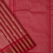 Peach Colour Gold Zari Small Butta Design Chilly Red Mayilkan Border Design Pure Mix Silk Saree