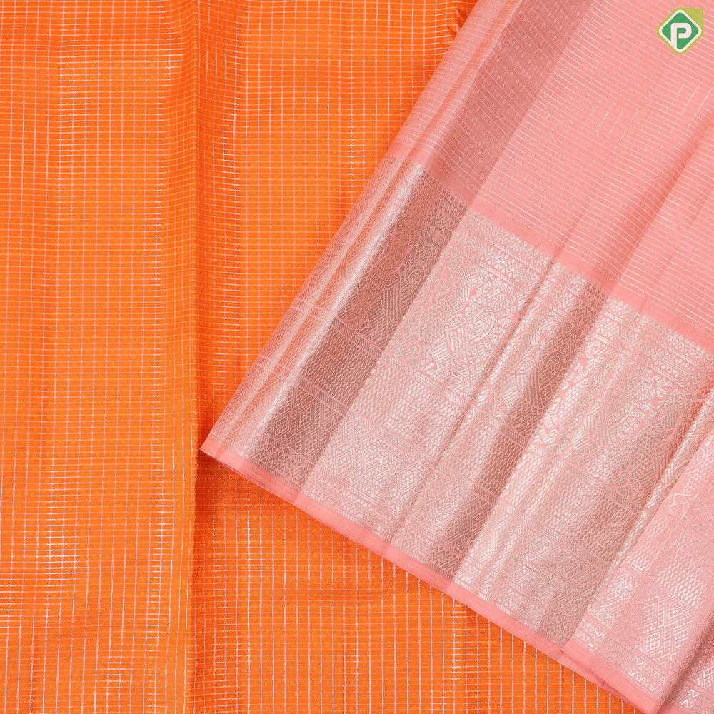 Fanta orange Silver Zari kattam (Checkered) design peach border traditional silk saree