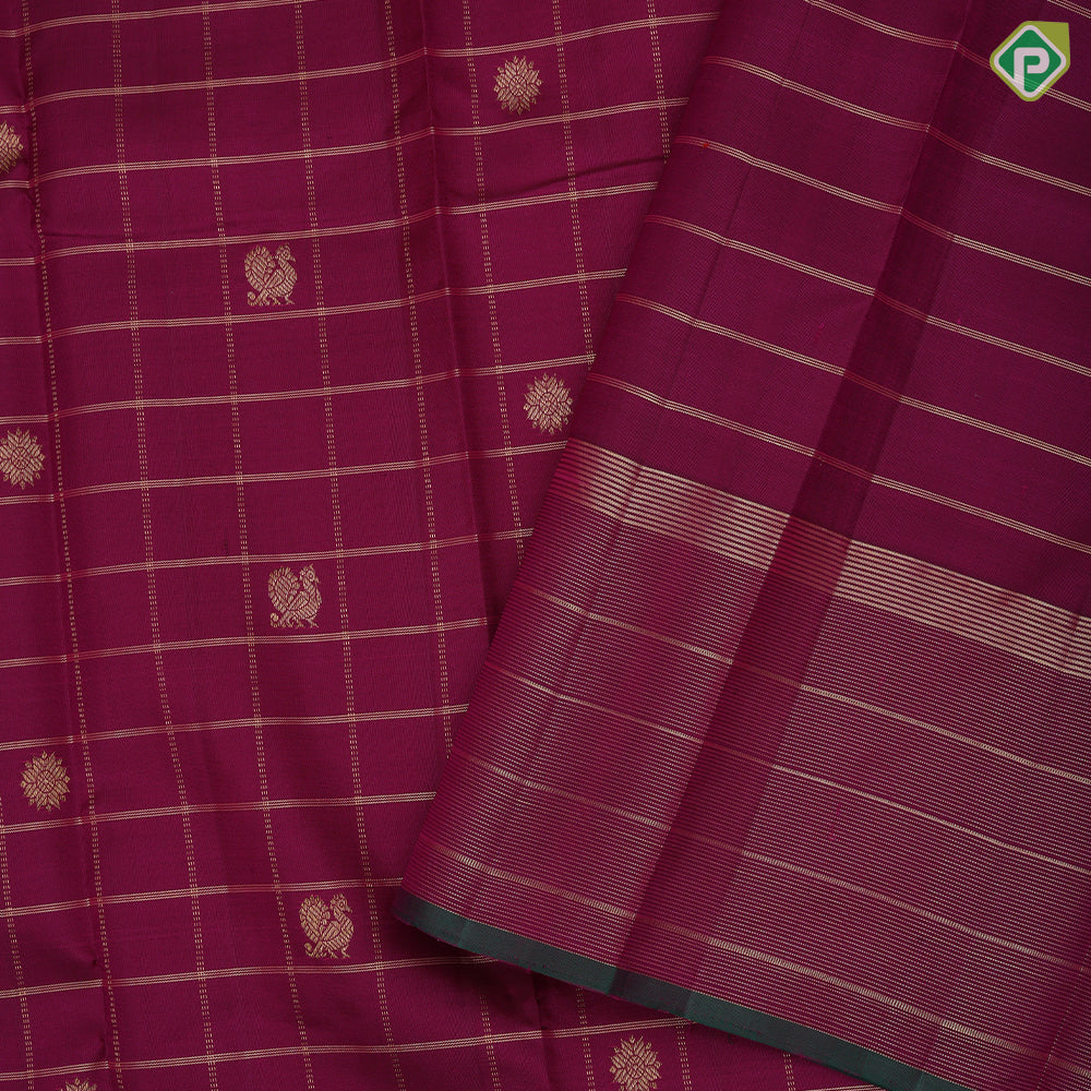 Purple pink gold zari solid check annam chakram butta self gold zari tissue green edge border traditional silk saree