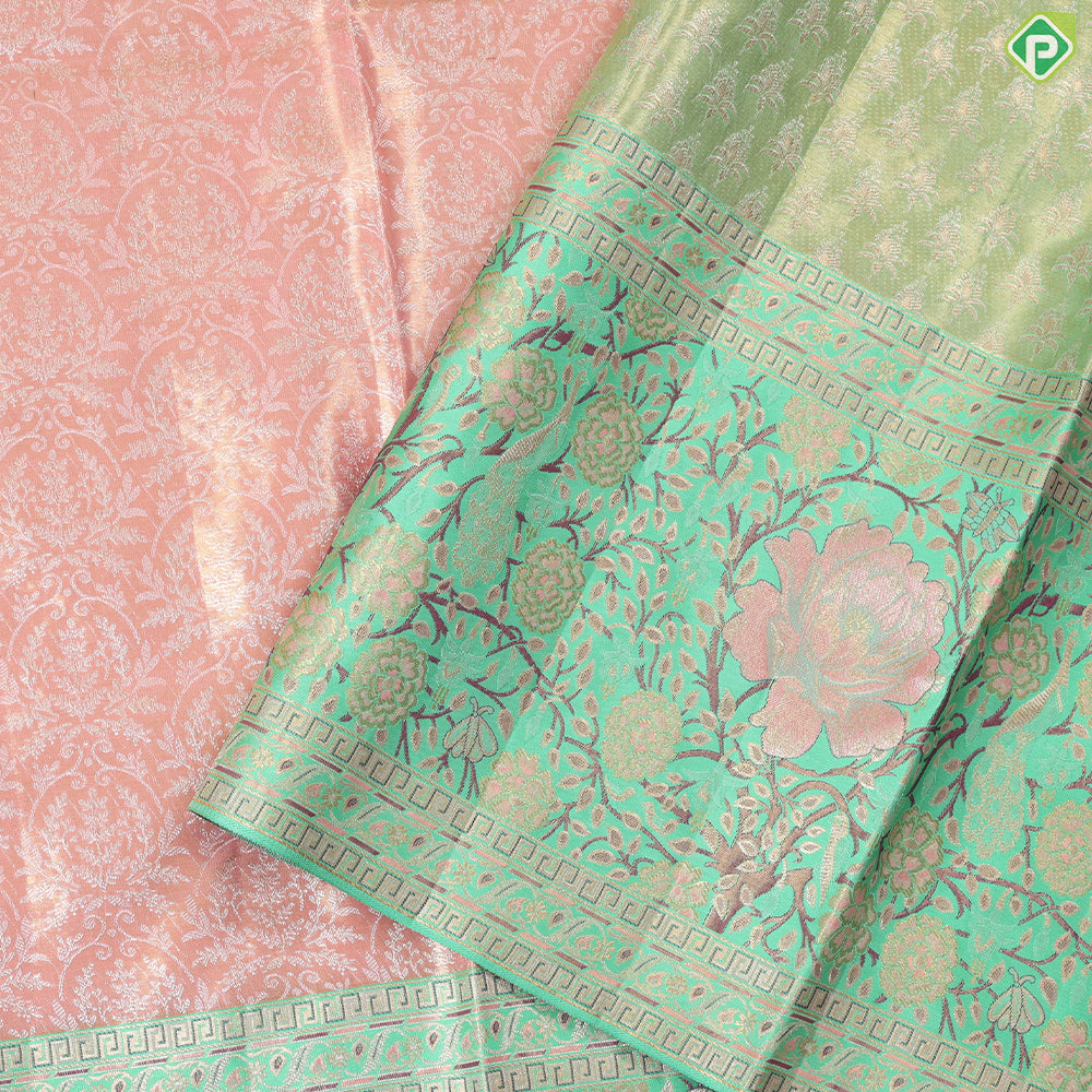 Goldish onion silver zari floral creeper design contrast parrot green border grand bridal tissue silk saree