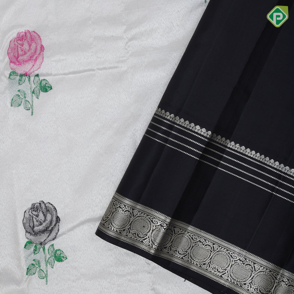 silver zari by zari tissue multi color rose meena work design Black silver zari border bridal tissue silk saree