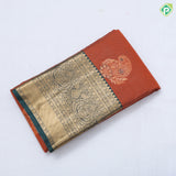 Honey orange gold zari stripes and fancy mango meena work army green gold zari thilagam border art silk saree
