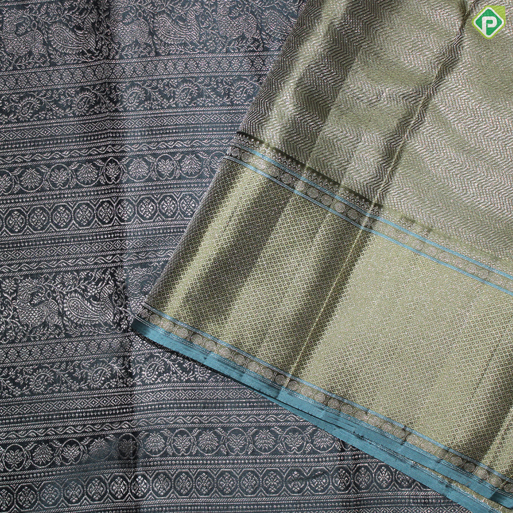Jungle Green Silver And Gold Zari With Teal Green Maylkan Design Border Traditional Silk Saree