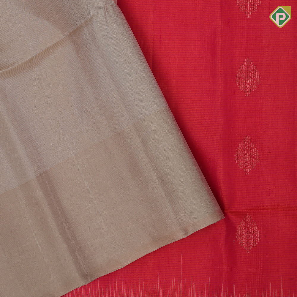 Reddish pink gold zari leaf design butta motifs beige plain border contrast rich pallu soft silk saree
