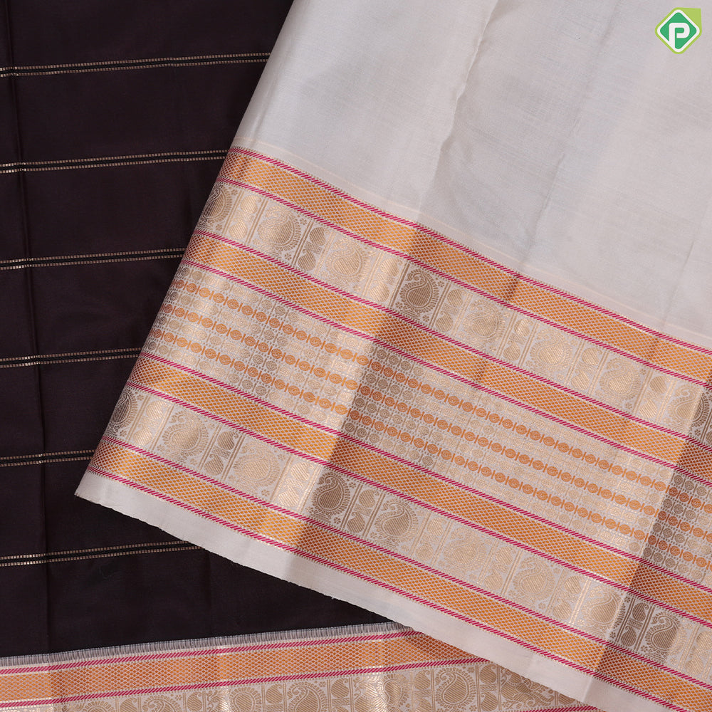 Dates brown gold zari vairaoosi lines contrast cream with multi color gold zari border traditional silk saree